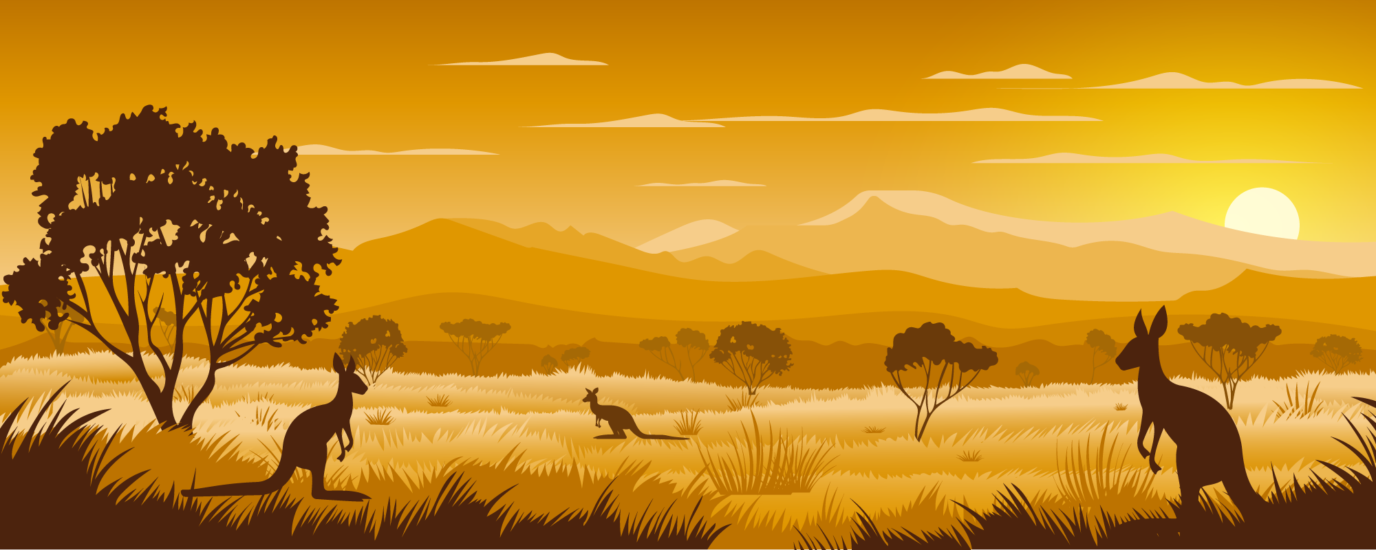 Illustrated Australian outback sunset with kangaroos, the Hop To It brand scene